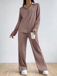 SHEIN EZwear Lapel Neck Crop Shirt & Wide Leg Pants Without Cami Top