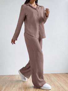 SHEIN EZwear Lapel Neck Crop Shirt & Wide Leg Pants Without Cami Top