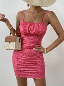 Breezaya Vestido de tirantes con estampado floral pecho con fruncido - Rosa Fucsia - Ver 3