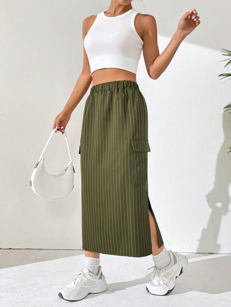 SHEIN Unity 條紋印花側翻蓋口袋下擺開叉工裝裙 - 軍綠色 - 查看 1