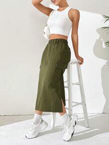 SHEIN Unity 條紋印花側翻蓋口袋下擺開叉工裝裙 - 軍綠色 - 查看 3