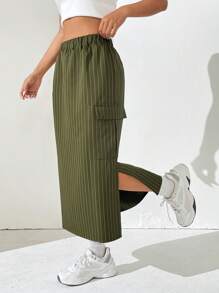 SHEIN Unity 條紋印花側翻蓋口袋下擺開叉工裝裙 - 軍綠色 - 查看 5