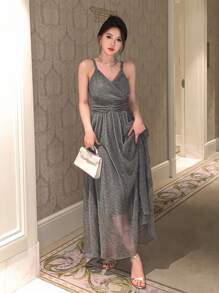 DAZY 素色抽褶腰金屬亮絲吊帶連衣裙 - 灰色 - 查看 1