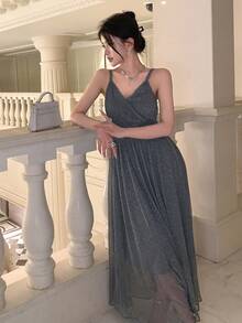 DAZY 素色抽褶腰金屬亮絲吊帶連衣裙 - 灰色 - 查看 4