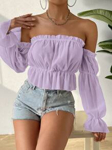 SHEIN VCAY 一字肩褶邊荷葉袖荷葉邊下擺襯衫 - 紫丁香色 - 查看 3