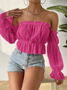 SHEIN VCAY Áo sơ mi nữ viền lá sen Xù Viên lá sen màu trơn Boho - Màu Hồng Tươi - Xem 3