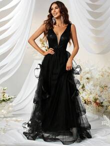 YISIKADO Contrast Sequin Mesh Overlay Formal Dress - Black - View 5