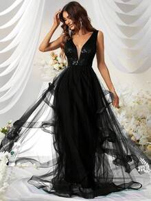 YISIKADO Contrast Sequin Mesh Overlay Formal Dress - Black - View 6