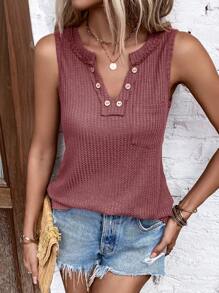 SHEIN LUNE Notched Neckline Button Detail Tank Top - Dusty Purple - View 1