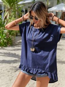 SHEIN LUNE 素色荷葉邊高低下擺襯衫 - 藏蓝色 - 查看 3