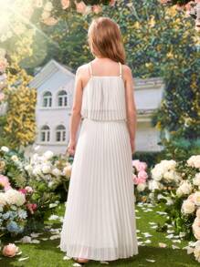 SHEIN Cô gái Tween Chất rắn Áo hai dây & Chân Váy xếp ly - Màu be - Xem 4