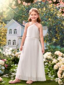 SHEIN Cô gái Tween Chất rắn Áo hai dây & Chân Váy xếp ly - Màu be - Xem 5