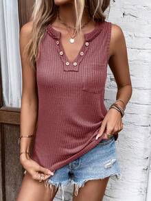 SHEIN LUNE Notched Neckline Button Detail Tank Top - Dusty Purple - View 5