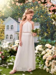 SHEIN Cô gái Tween Chất rắn Áo hai dây & Chân Váy xếp ly - Màu be - Xem 6