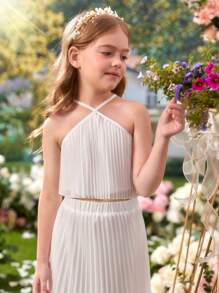 SHEIN Cô gái Tween Chất rắn Áo hai dây & Chân Váy xếp ly - Màu be - Xem 7