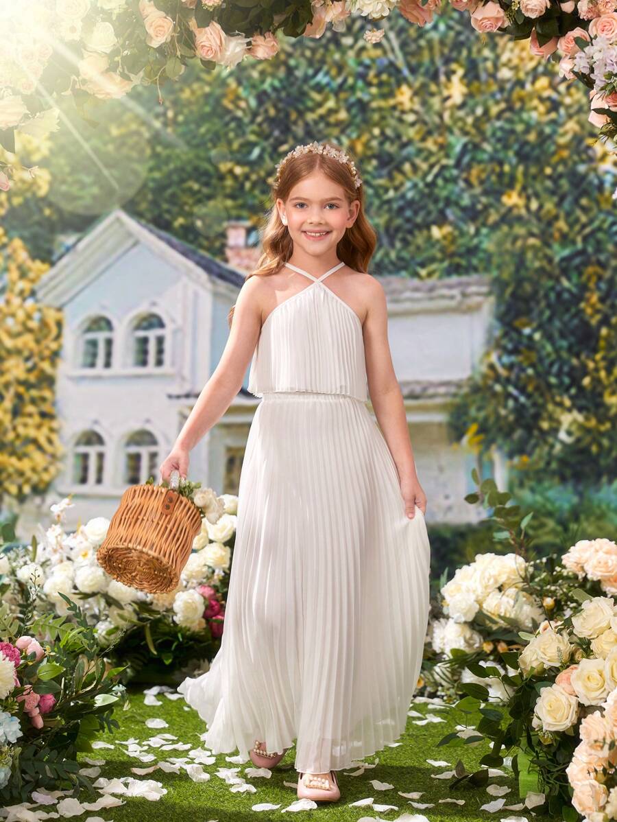 SHEIN Cô gái Tween Chất rắn Áo hai dây & Chân Váy xếp ly