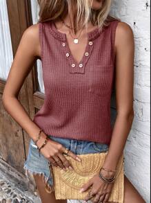 SHEIN LUNE Notched Neckline Button Detail Tank Top - Dusty Purple - View 6