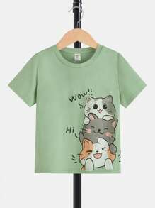 SHEIN Tops con trai lớn Hoạt hình Lá thư Giải trí - Màu xanh Bạc hà - Xem 1