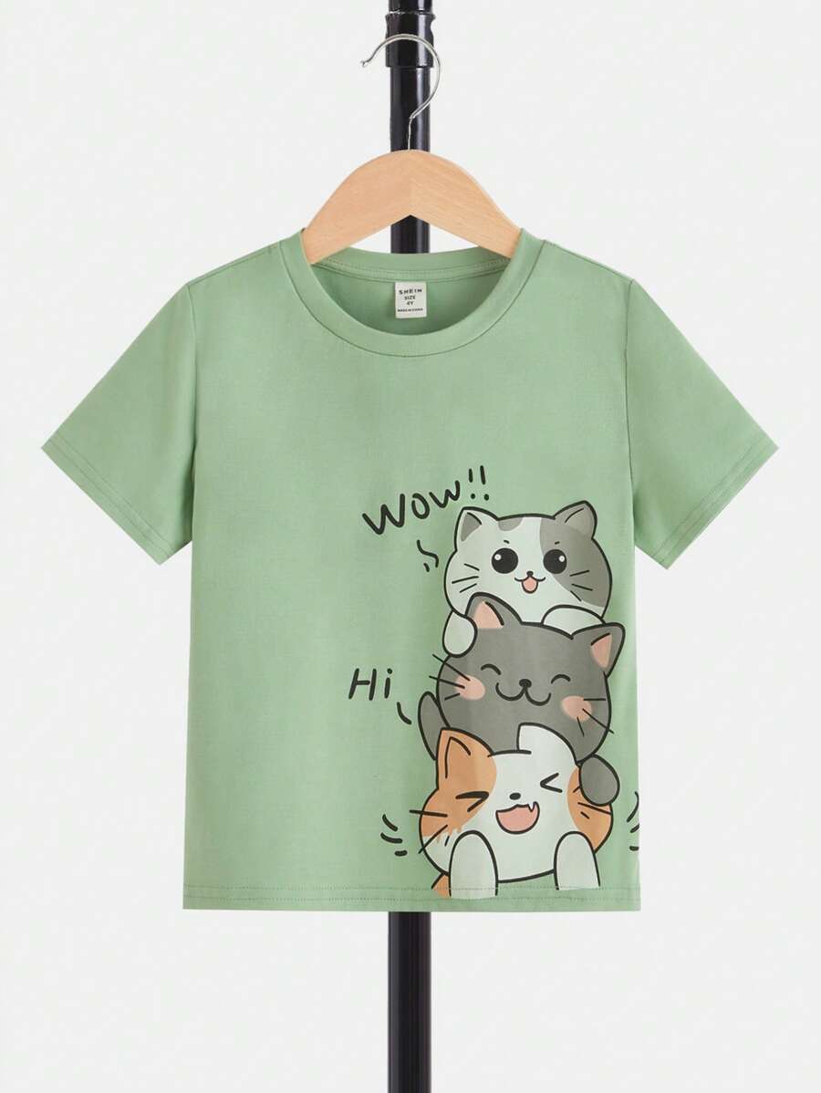 SHEIN Tops con trai lớn Hoạt hình Lá thư Giải trí - Màu xanh Bạc hà - Xem 1