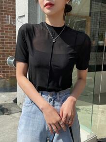 DAZY Top transparente de cuello alto sólido sin camiseta interior, top para salir, top para festivales - Negro - Ver 3