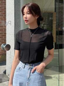 DAZY Top transparente de cuello alto sólido sin camiseta interior, top para salir, top para festivales - Negro - Ver 4