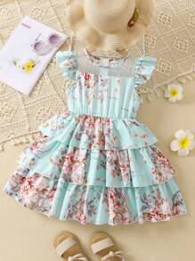 Niñas Vestido con estampado floral a capas ribete con fruncido - verde menta - Ver 1