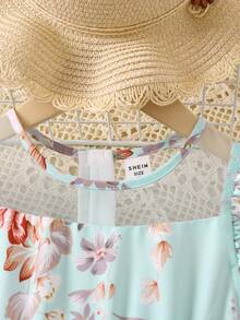 Niñas Vestido con estampado floral a capas ribete con fruncido - verde menta - Ver 3