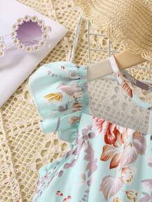 Niñas Vestido con estampado floral a capas ribete con fruncido - verde menta - Ver 4