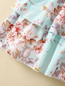 Niñas Vestido con estampado floral a capas ribete con fruncido - verde menta - Ver 5