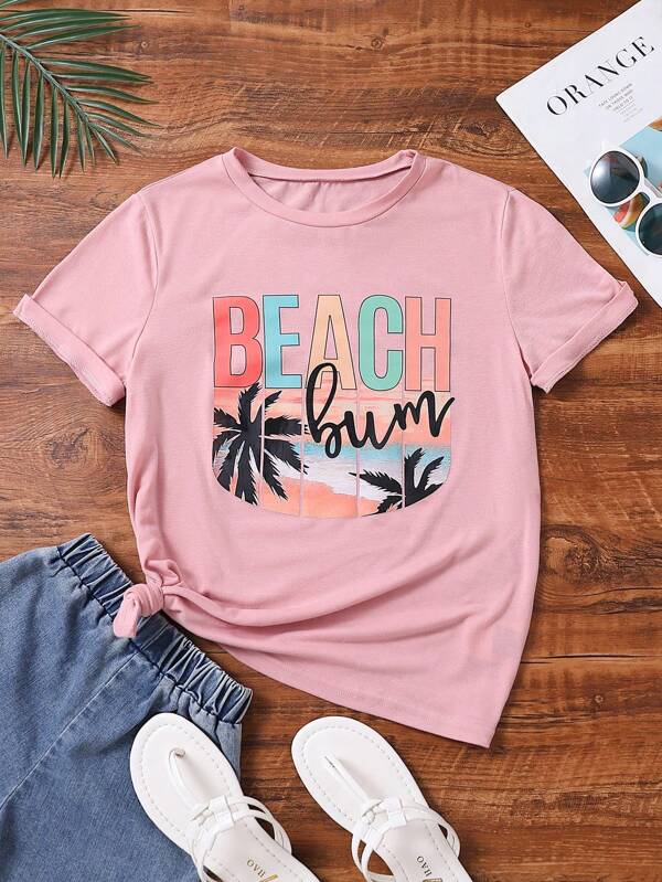 Palm Tree & Letter Graphic Tee SHEIN USA