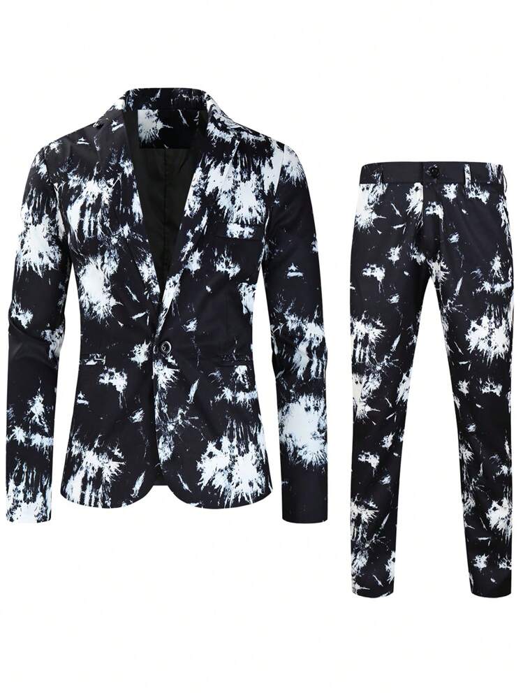 Men Tie Dye Single Button Blazer & Suit Pants - Black and White - View 7