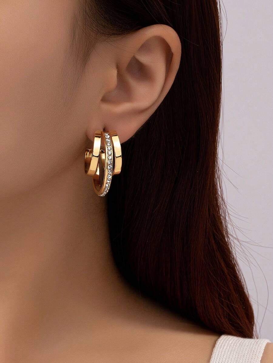 Rhinestone Decor Hoop Earrings - Yellow Gold - View 1