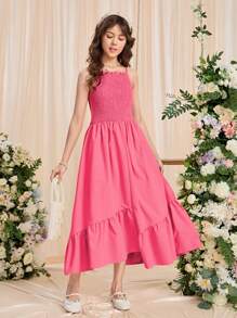 SHEIN 青少年女孩打褶荷葉邊吊帶洋裝