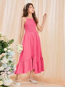 SHEIN 青少年女孩打褶荷葉邊吊帶洋裝