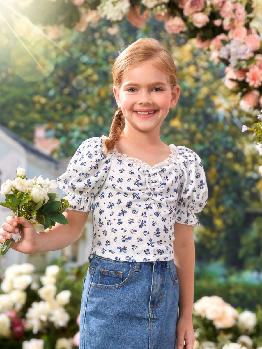 SHEIN Girls Ditsy Floral Print Puff Sleeve Ruched Bust Tee - Multicolor - View 1