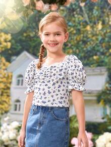 SHEIN Girls Ditsy Floral Print Puff Sleeve Ruched Bust Tee - Multicolor - View 4