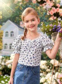 SHEIN Girls Ditsy Floral Print Puff Sleeve Ruched Bust Tee - Multicolor - View 5