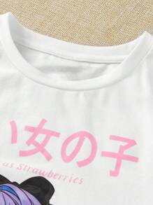 SHEIN Camiseta Gráfica Con Figura Y Eslogan Para Niña Adolescente Y Pantalones De Carga Con Bolsillo De Solapa - Multicolor - Ver 5