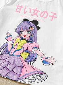 SHEIN Camiseta Gráfica Con Figura Y Eslogan Para Niña Adolescente Y Pantalones De Carga Con Bolsillo De Solapa - Multicolor - Ver 3