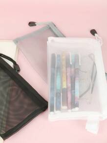 1入組素色網紗鉛筆簡約風便攜筆包適用於學生文具收納 - 灰色 - 查看 2