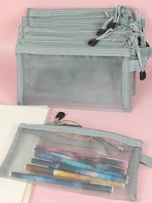 1入組素色網紗鉛筆簡約風便攜筆包適用於學生文具收納 - 灰色 - 查看 1