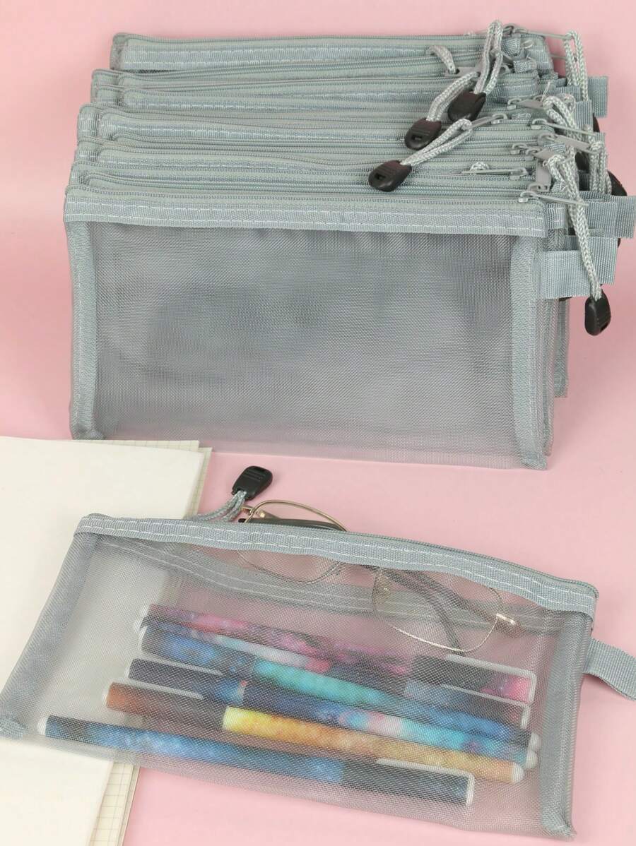 1入組素色網紗鉛筆簡約風便攜筆包適用於學生文具收納 - 灰色 - 查看 1