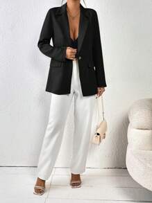 SHEIN Privé 西裝領單釦西裝外套 - 黑色 - 查看 4