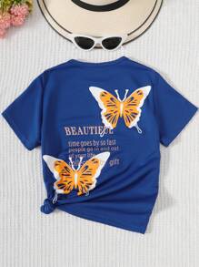 SHEIN Tops con gái Slogan Loại bướm Giải trí - Màu xanh lam - Xem 1