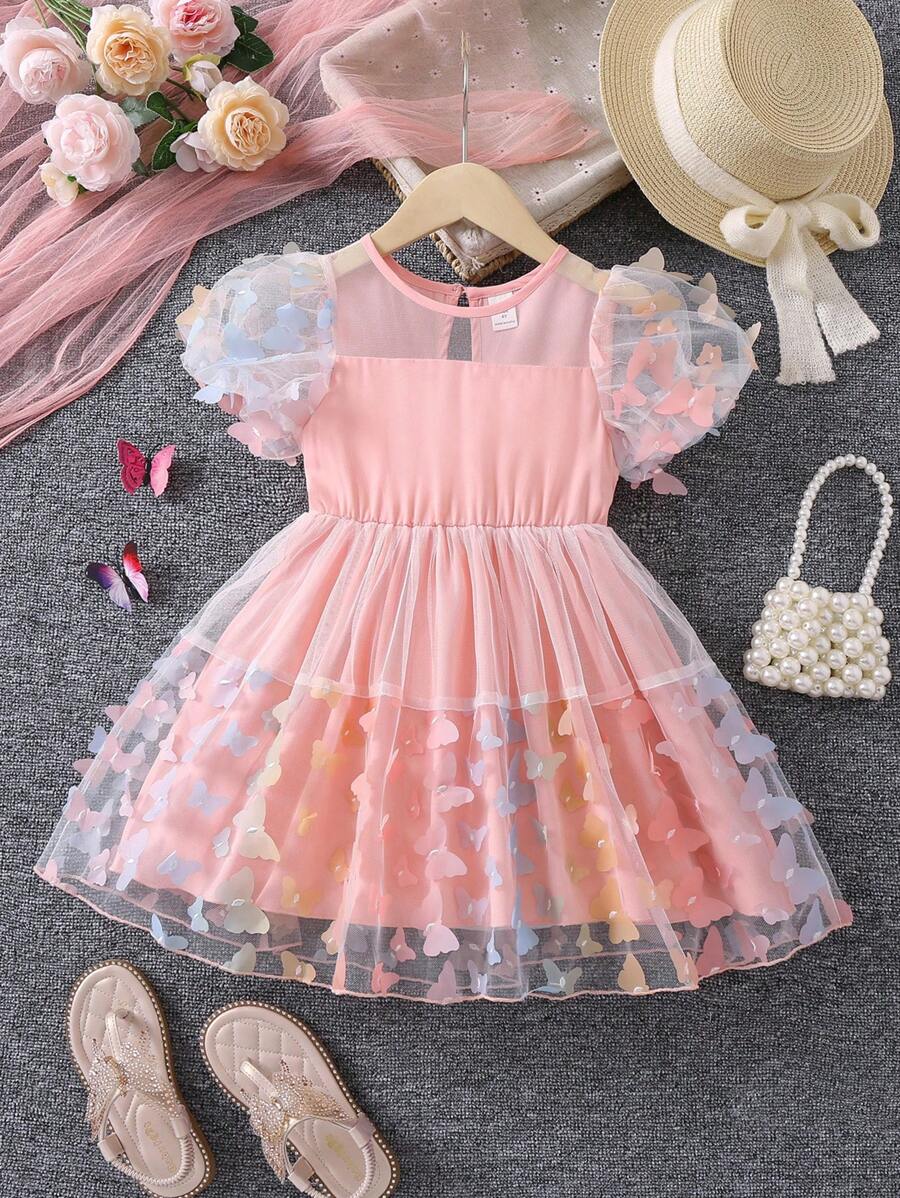 SHEIN 小女童蝴蝶貼花網紗拼接泡泡袖洋裝 - 淺粉色 - 查看 1