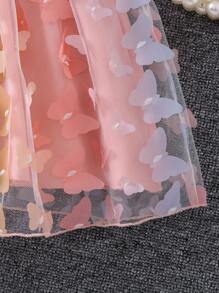 SHEIN 小女童蝴蝶貼花網紗拼接泡泡袖洋裝 - 淺粉色 - 查看 3