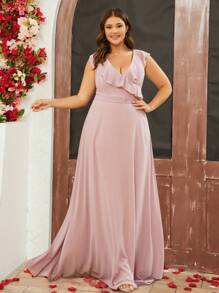 Plus Solid Ruffle Trim Chiffon Bridesmaid Dress - Dusty Purple - View 1
