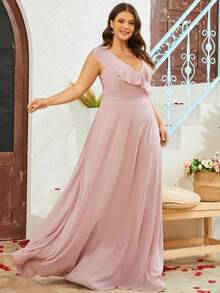 Plus Solid Ruffle Trim Chiffon Bridesmaid Dress - Dusty Purple - View 3