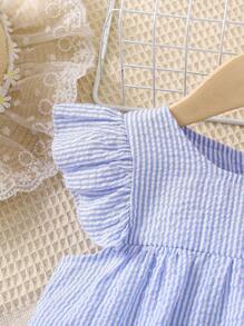 SHEIN 女孩藍白條紋圓領荷葉袖甜美度假上衣夏季 - 藍白色 - 查看 3