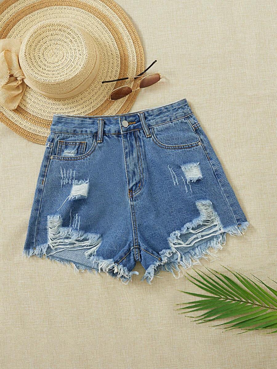 Breezaya 破洞毛邊牛仔短褲 - 中等水洗藍 - 查看 1